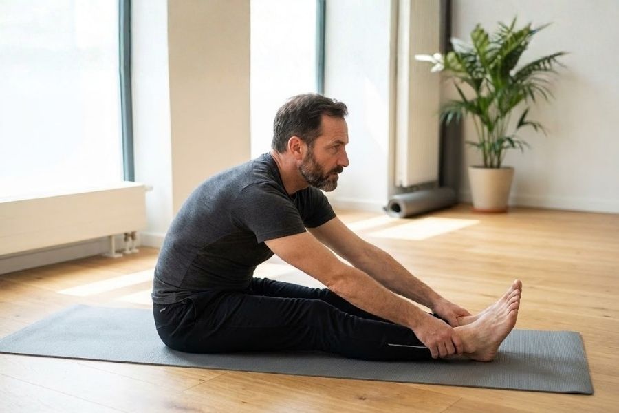 Paschimottanasana, men doing seated forward bend